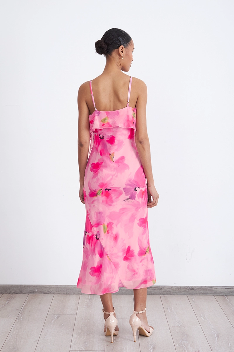 VESTIDO MIDI ESTAMPADO FLORES VUELOS ROSADO MUJER NICOPOLY - 4