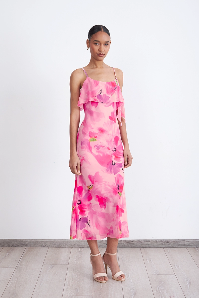 VESTIDO MIDI ESTAMPADO FLORES VUELOS ROSADO MUJER NICOPOLY - 6