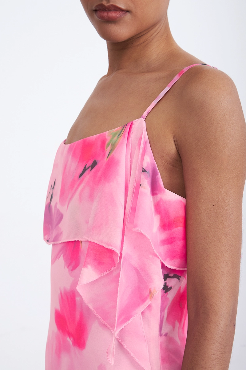 VESTIDO MIDI ESTAMPADO FLORES VUELOS ROSADO MUJER NICOPOLY - 7