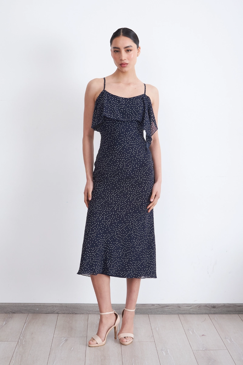 VESTIDO MIDI ESTAMPADO PUNTOS Y VUELOS AZUL MARINO MUJER NICOPOLY - 1