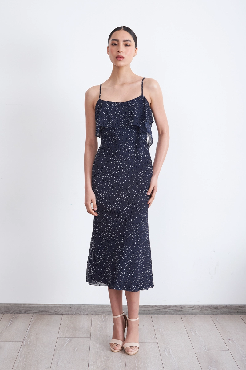 VESTIDO MIDI ESTAMPADO PUNTOS Y VUELOS AZUL MARINO MUJER NICOPOLY - 2