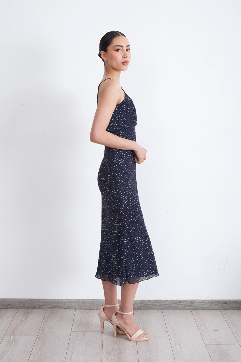 VESTIDO MIDI ESTAMPADO PUNTOS Y VUELOS AZUL MARINO MUJER NICOPOLY - 3