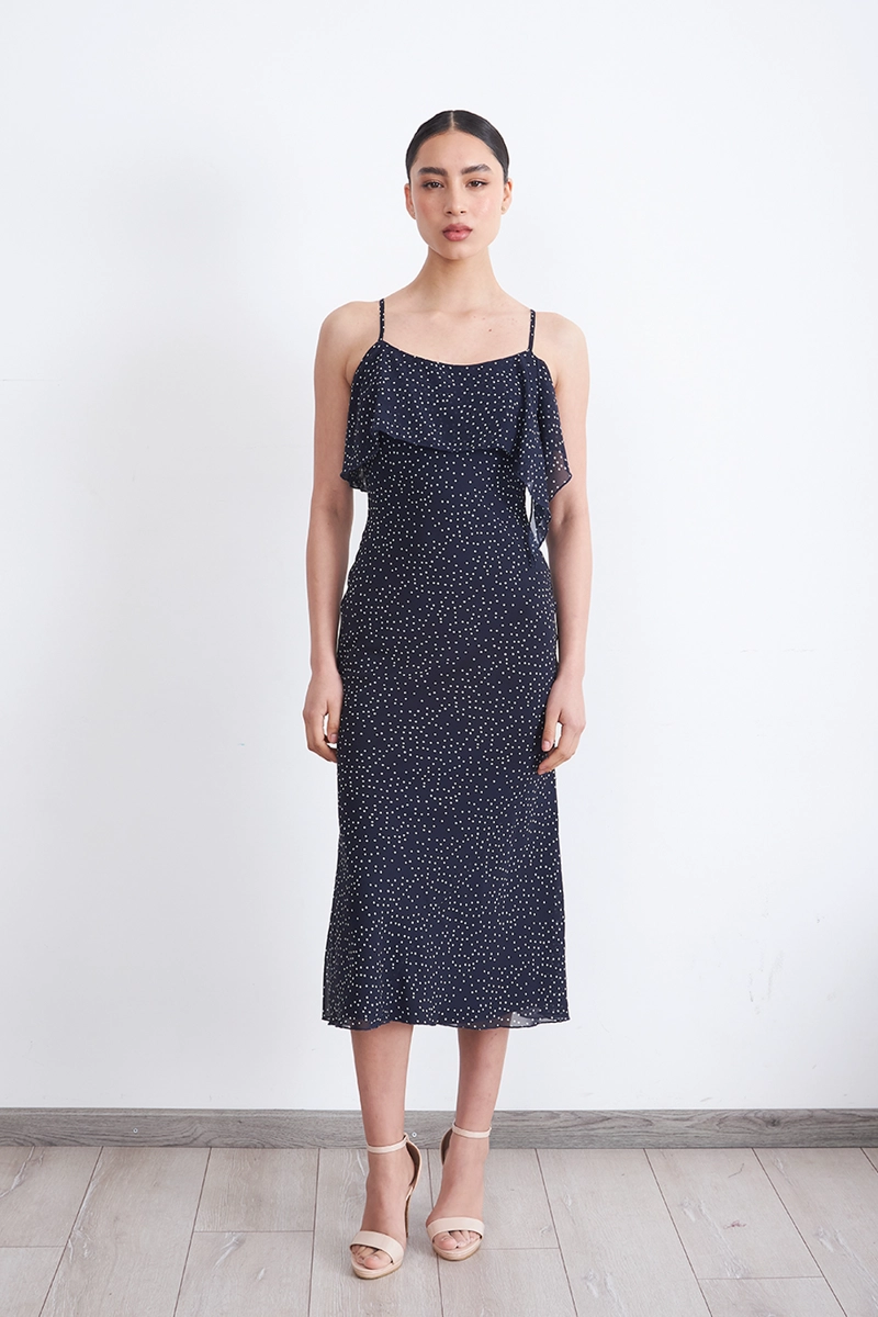 VESTIDO MIDI ESTAMPADO PUNTOS Y VUELOS AZUL MARINO MUJER NICOPOLY - 6