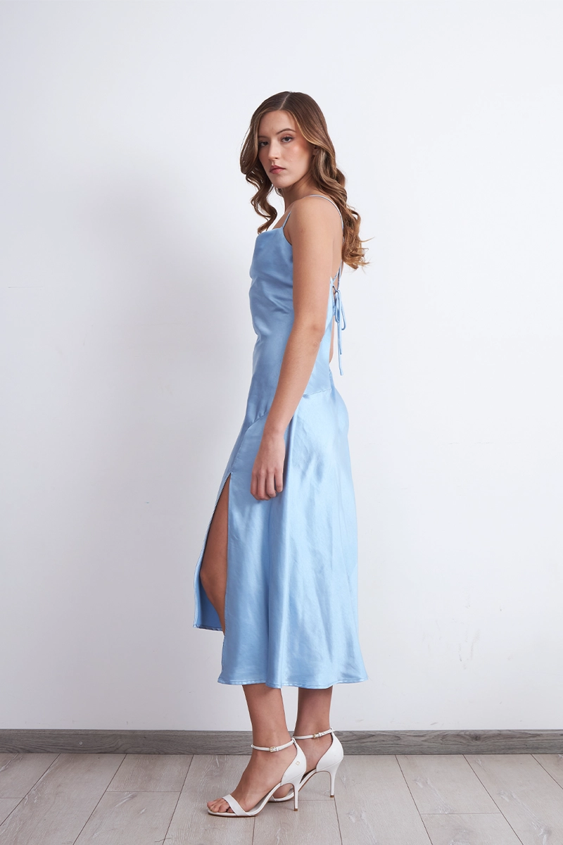 VESTIDO MIDI SATINADO DRAPEADO SATIN CELESTE MUJER NICOPOLY - 3
