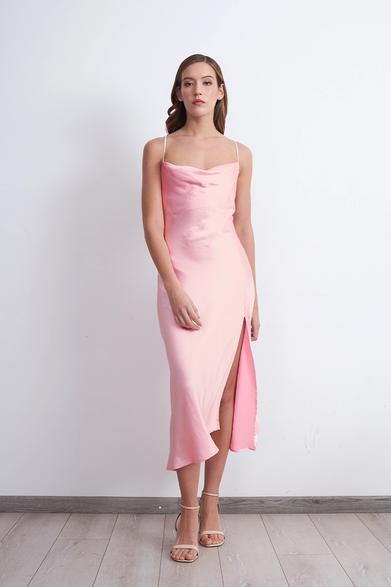 VESTIDO MIDI SATINADO DRAPEADO SATIN ROSADO MUJER NICOPOLY - 1