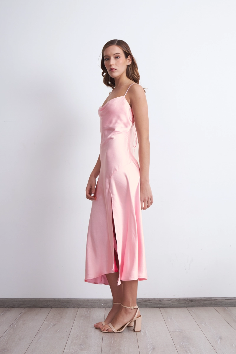 VESTIDO MIDI SATINADO DRAPEADO SATIN ROSADO MUJER NICOPOLY - 3
