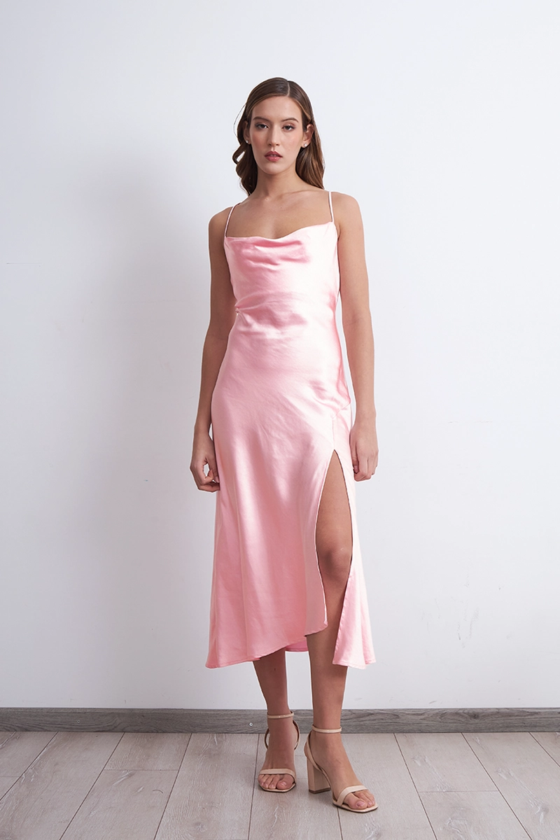 VESTIDO MIDI SATINADO DRAPEADO SATIN ROSADO MUJER NICOPOLY - 6