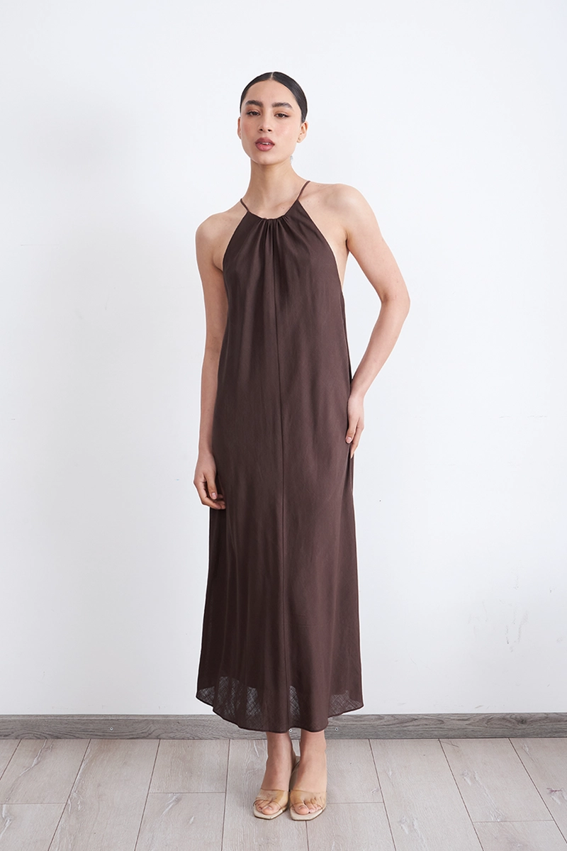VESTIDO TIPO LINO HALTER CAFE MUJER NICOPOLY - 1