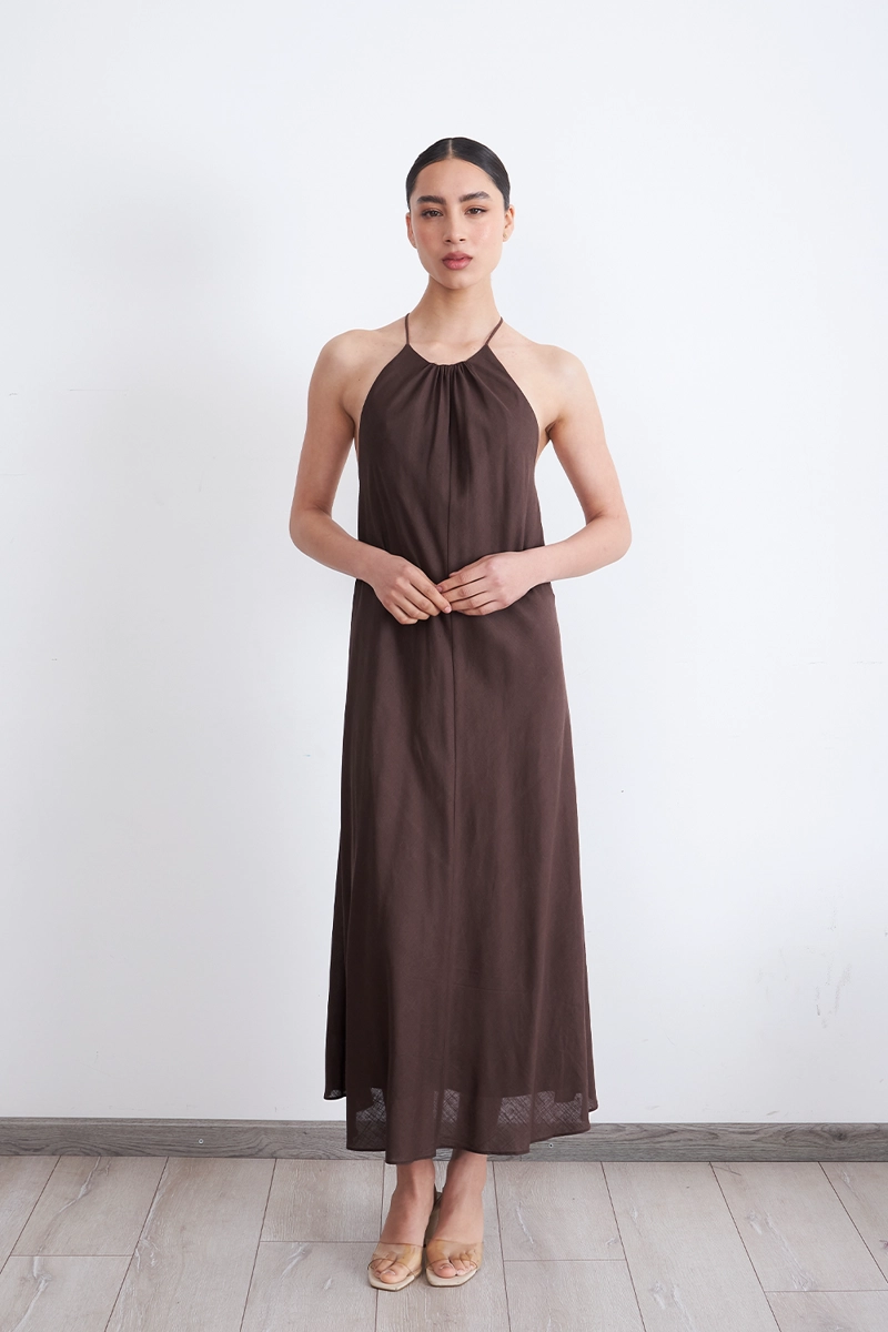 VESTIDO TIPO LINO HALTER CAFE MUJER NICOPOLY - 2