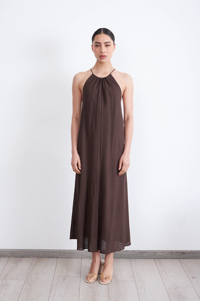VESTIDO TIPO LINO HALTER CAFE MUJER NICOPOLY - 6