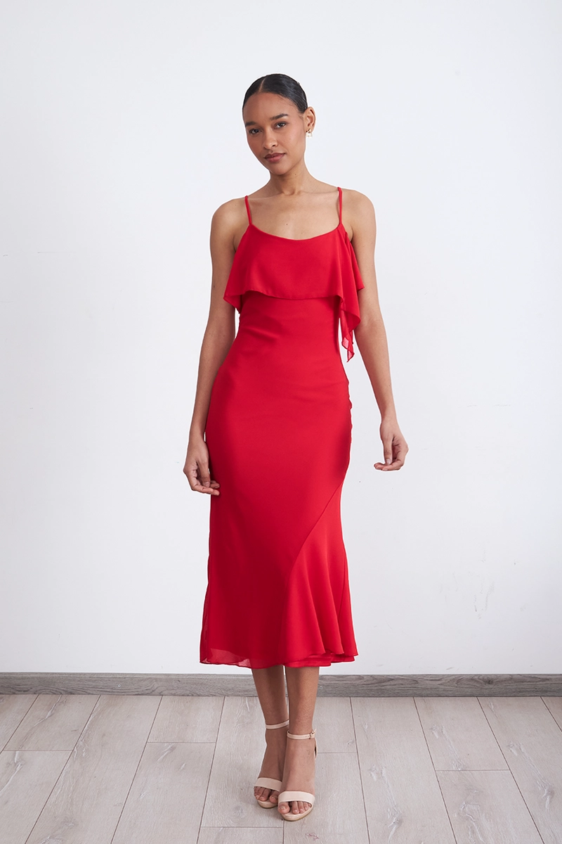 VESTIDO LISO CON VOLANTE EN ESCOTE ROJO MUJER NICOPOLY - 1