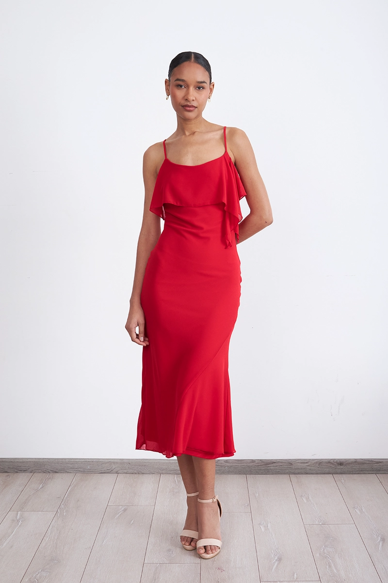 VESTIDO LISO CON VOLANTE EN ESCOTE ROJO MUJER NICOPOLY - 2
