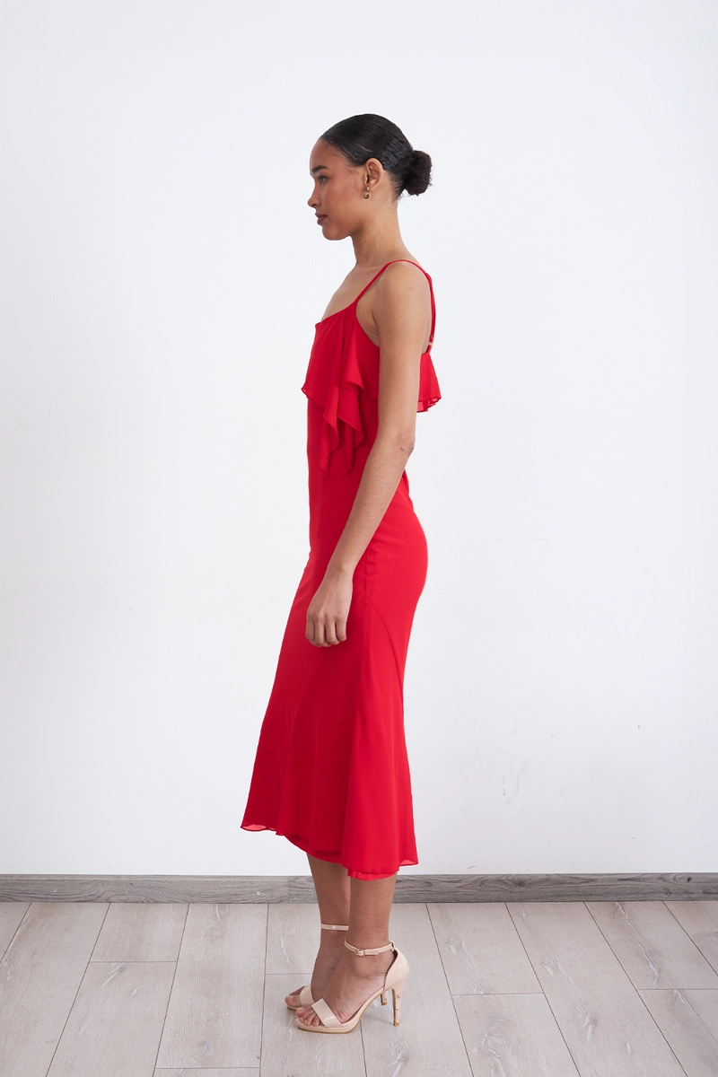 VESTIDO LISO CON VOLANTE EN ESCOTE ROJO MUJER NICOPOLY - 3