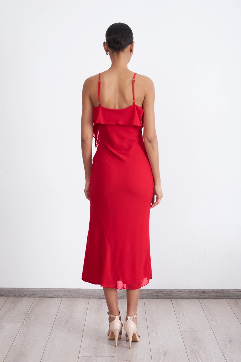 VESTIDO LISO CON VOLANTE EN ESCOTE ROJO MUJER NICOPOLY - 4