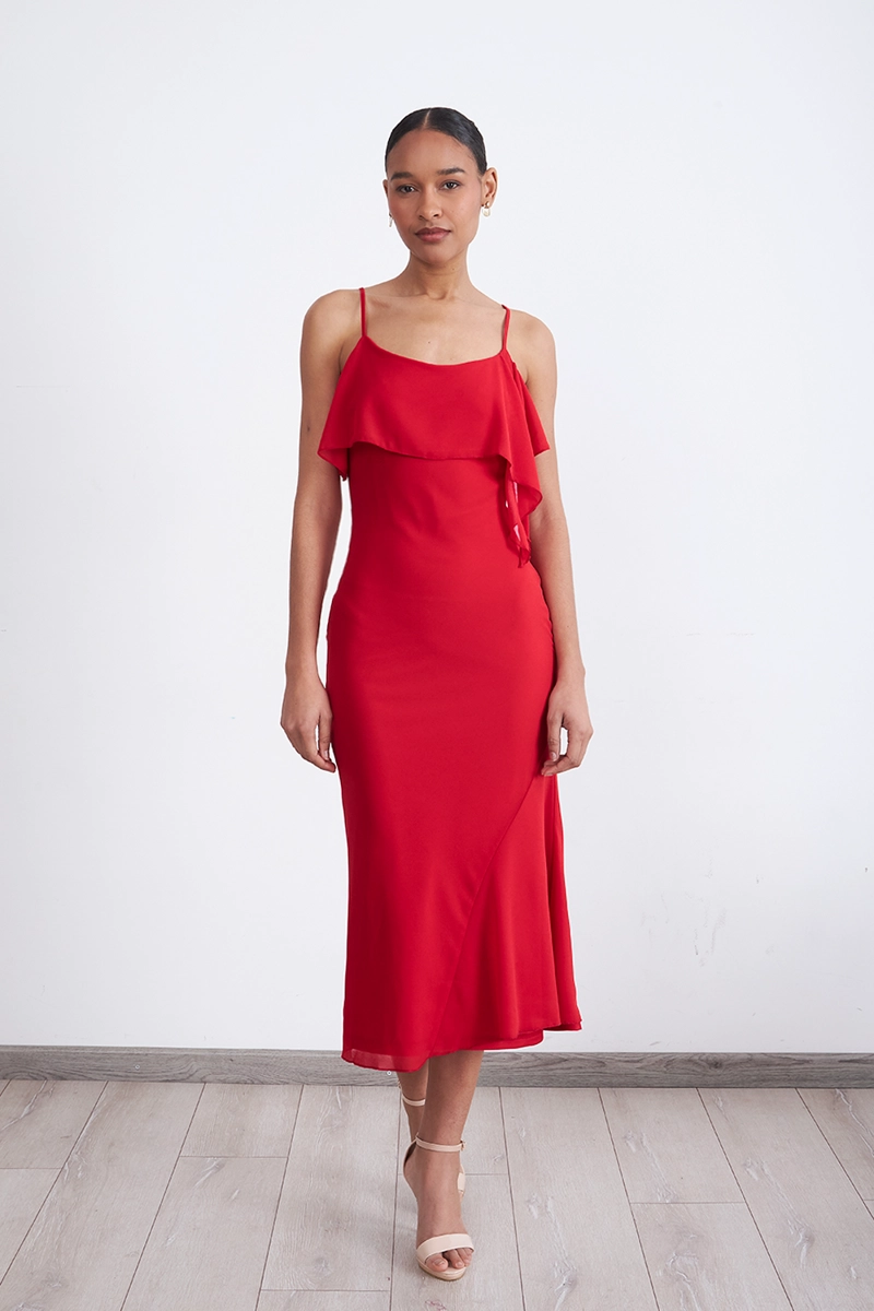 VESTIDO LISO CON VOLANTE EN ESCOTE ROJO MUJER NICOPOLY - 6