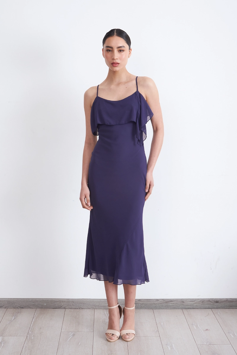 VESTIDO LISO CON VOLANTE EN ESCOTE AZUL MARINO MUJER NICOPOLY - 1