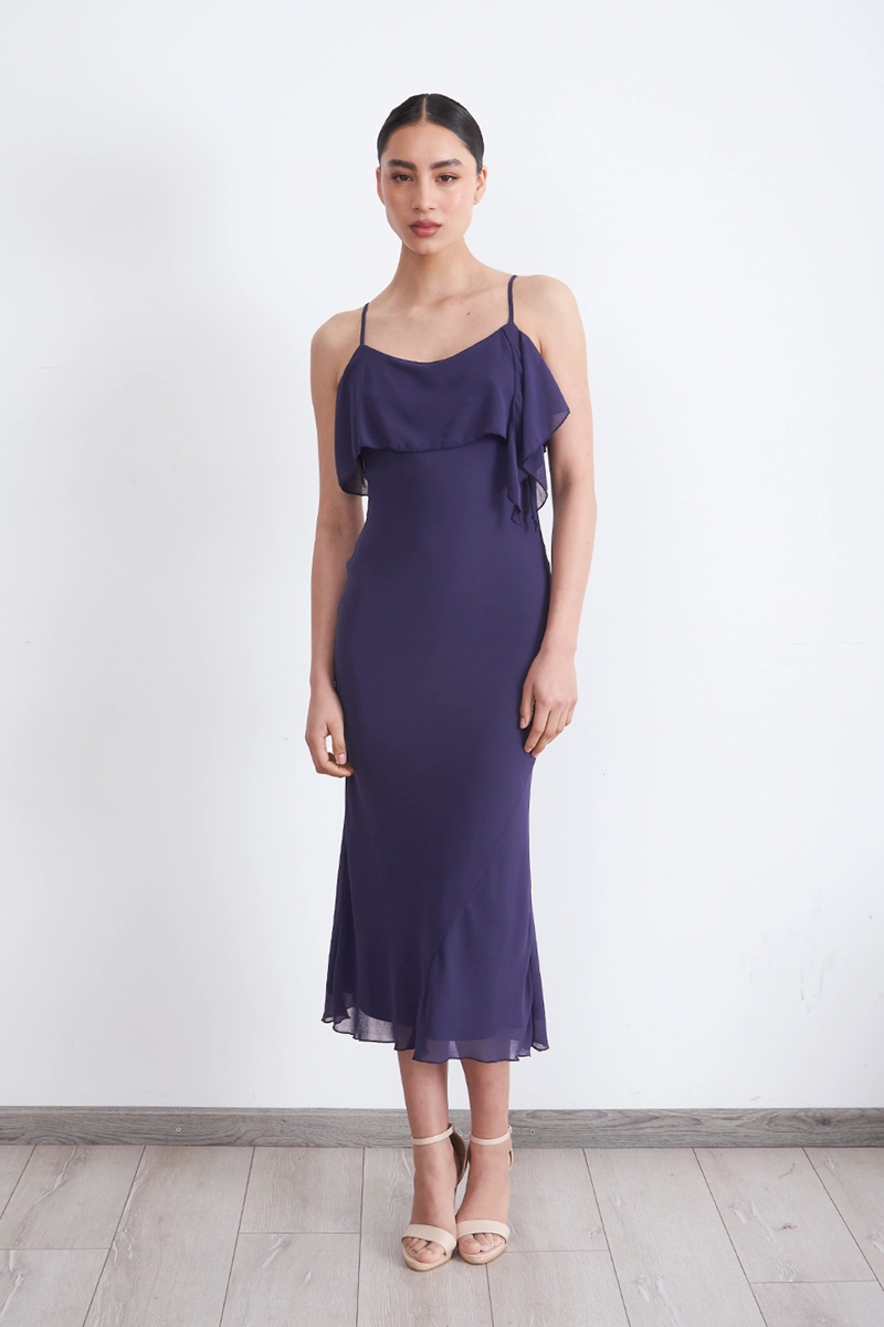 VESTIDO LISO CON VOLANTE EN ESCOTE AZUL MARINO MUJER NICOPOLY - 2
