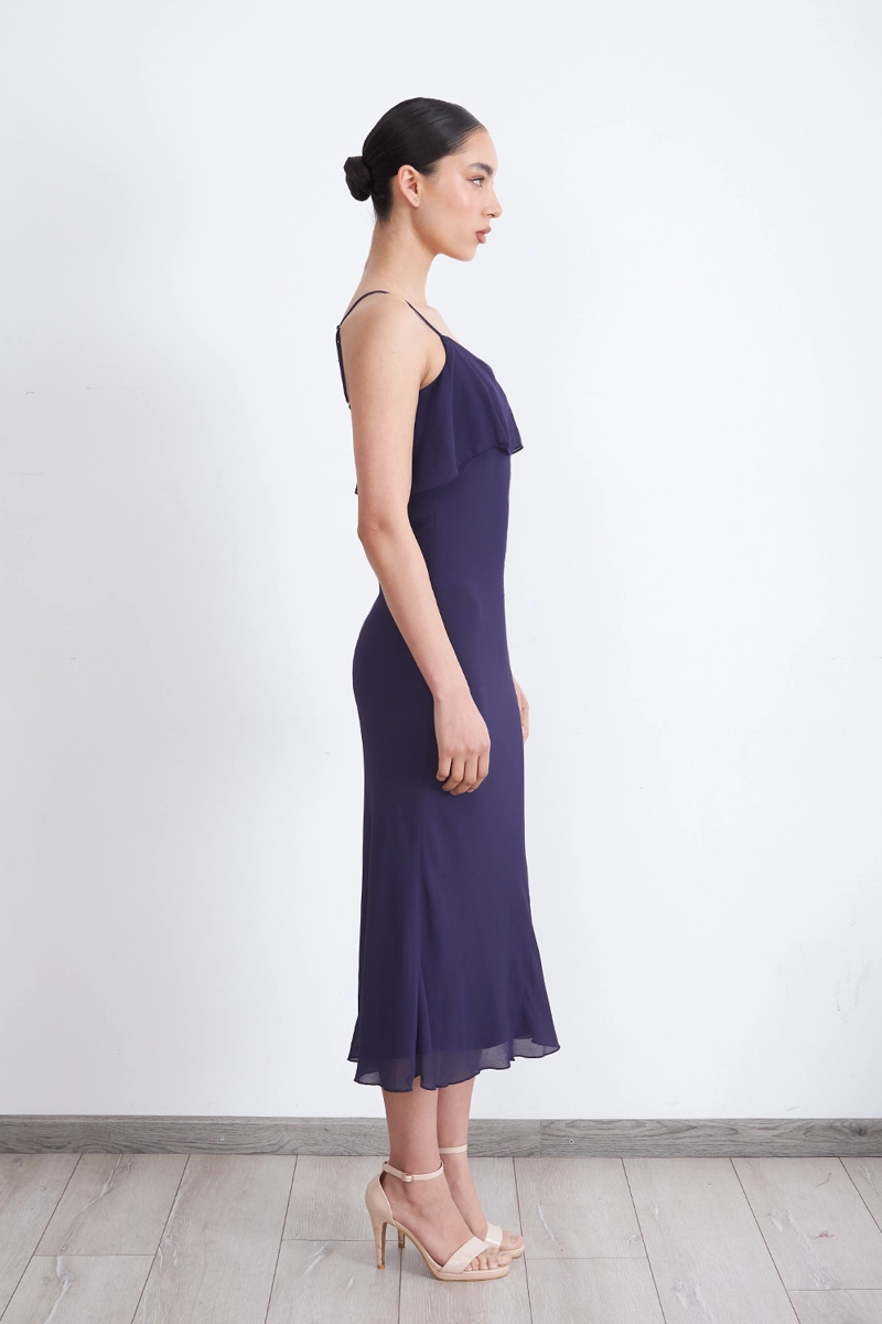 VESTIDO LISO CON VOLANTE EN ESCOTE AZUL MARINO MUJER NICOPOLY - 3