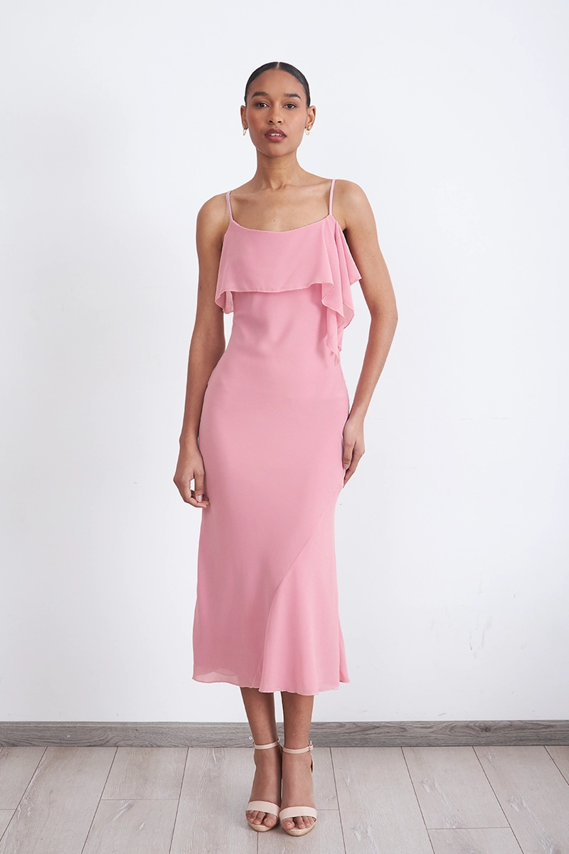 VESTIDO LISO CON VOLANTE EN ESCOTE ROSADO MUJER NICOPOLY - 2