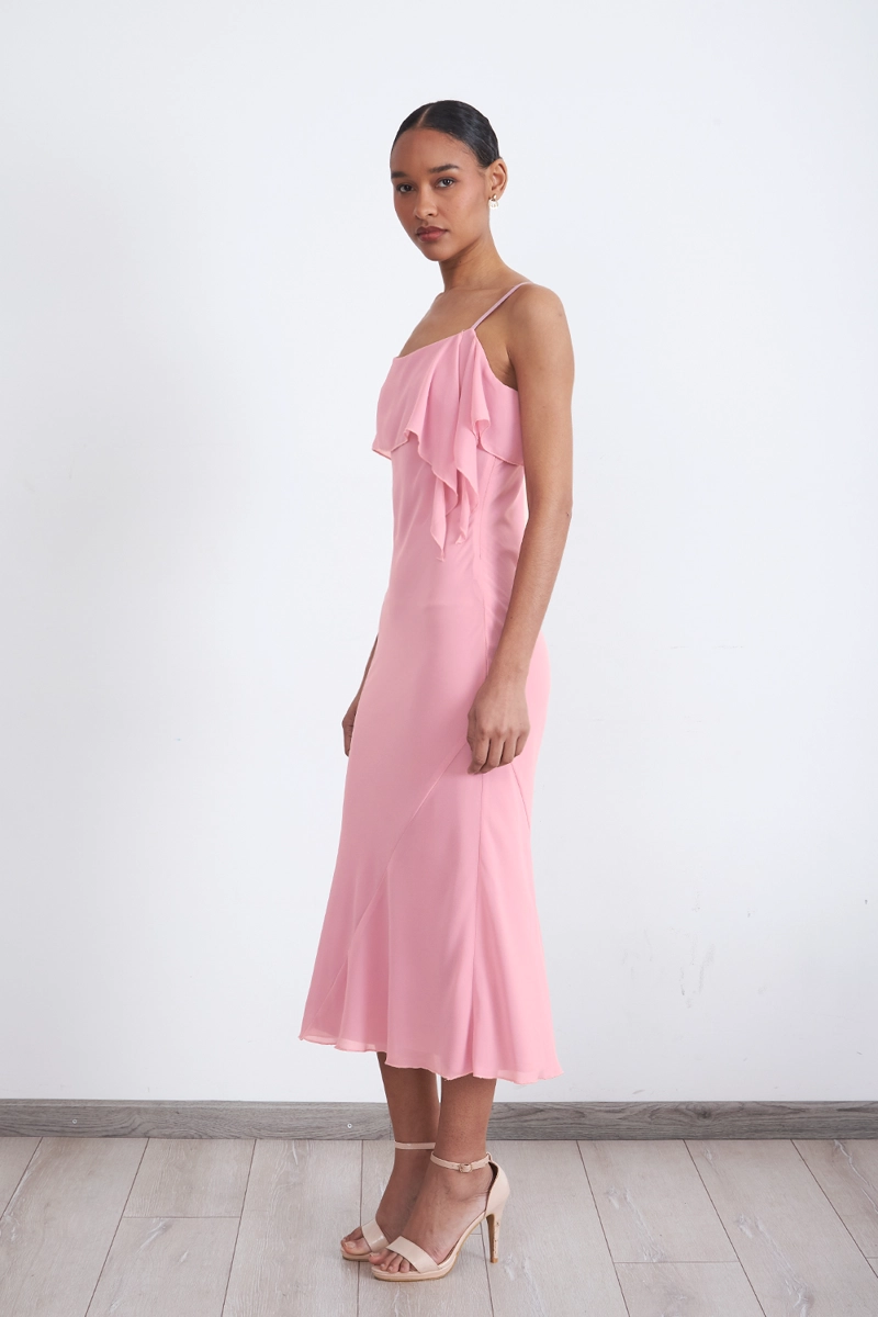 VESTIDO LISO CON VOLANTE EN ESCOTE ROSADO MUJER NICOPOLY - 3