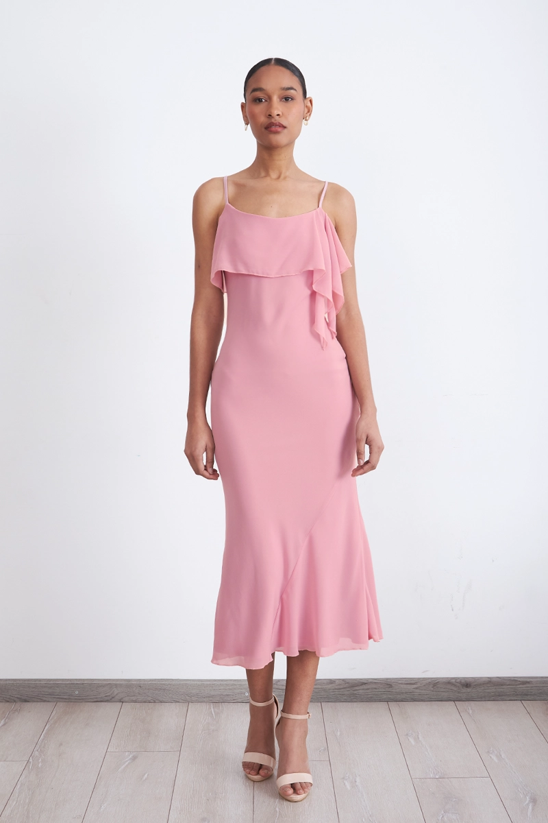 VESTIDO LISO CON VOLANTE EN ESCOTE ROSADO MUJER NICOPOLY - 6