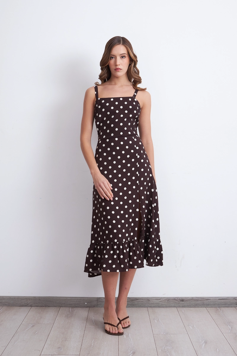 VESTIDO ESCOTE CUADRADO LUNARES CAFE MUJER NICOPOLY - 1