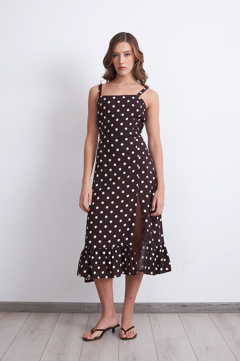 VESTIDO ESCOTE CUADRADO LUNARES CAFE MUJER NICOPOLY - 2