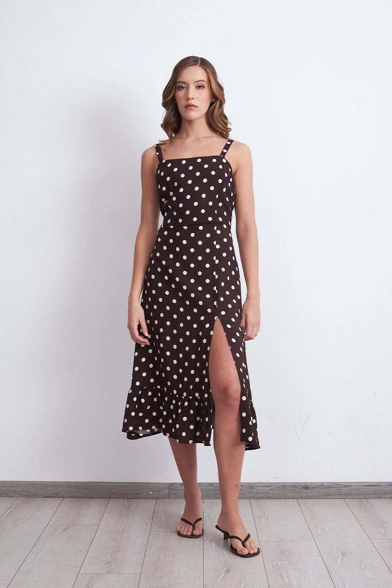 VESTIDO ESCOTE CUADRADO LUNARES CAFE MUJER NICOPOLY - 6