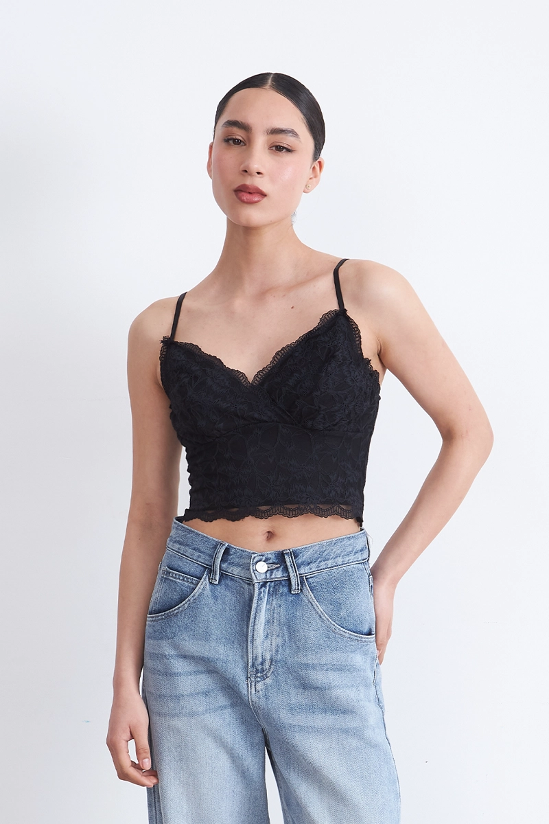 TOP ENCAJE FLORAL NEGRO MUJER NICOPOLY - 1