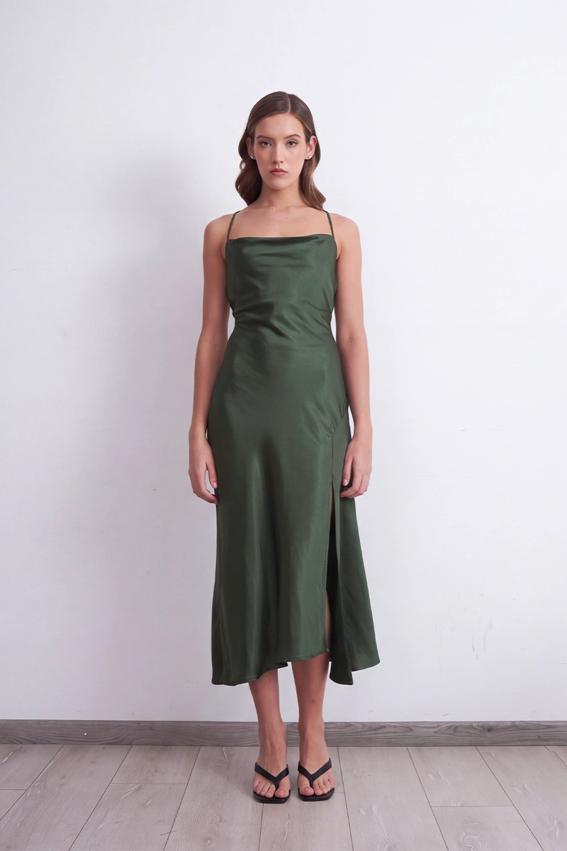 VESTIDO MIDI SATINADO DRAPEADO SATIN OLIVA MUJER NICOPOLY - 1