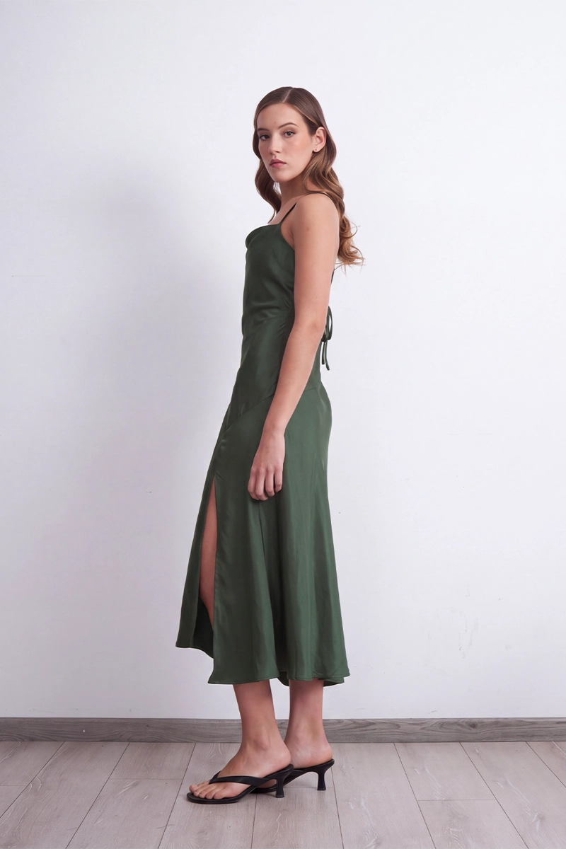 VESTIDO MIDI SATINADO DRAPEADO SATIN OLIVA MUJER NICOPOLY - 3