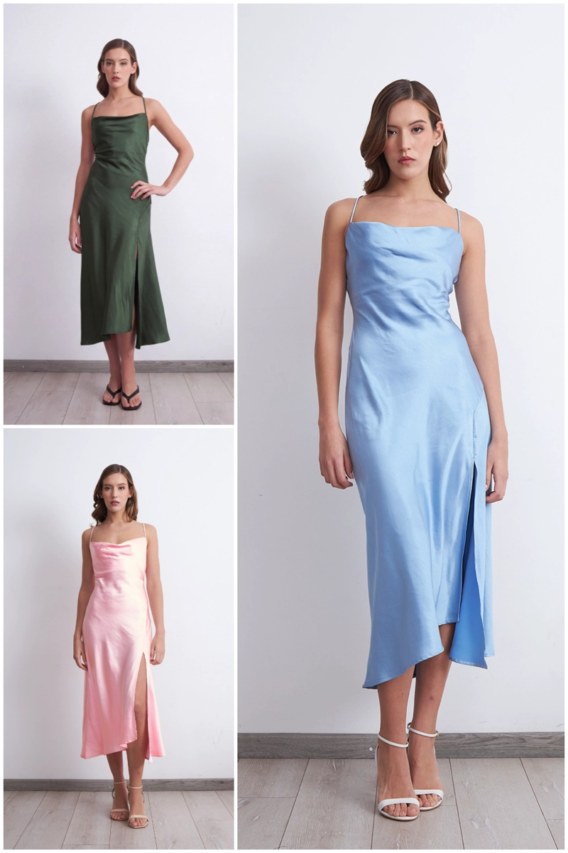VESTIDO MIDI SATINADO DRAPEADO SATIN OLIVA MUJER NICOPOLY - 5