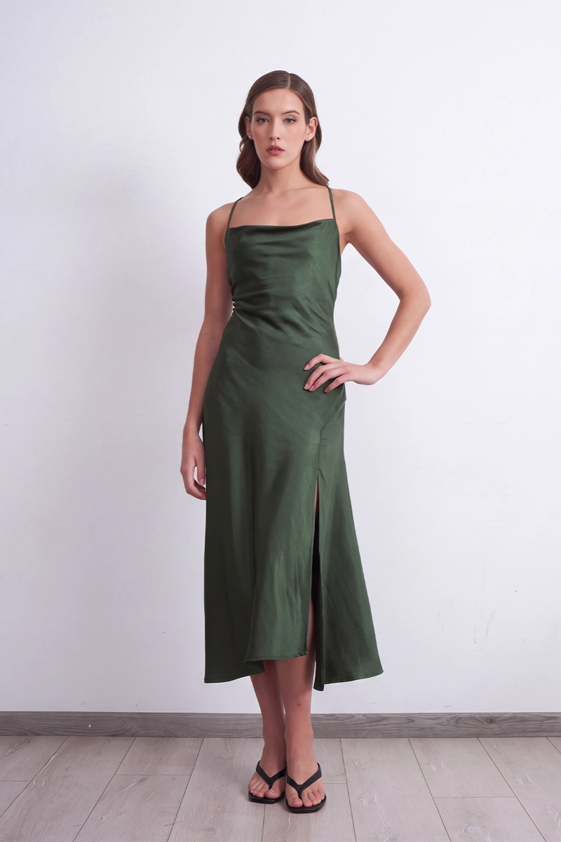 VESTIDO MIDI SATINADO DRAPEADO SATIN OLIVA MUJER NICOPOLY - 6