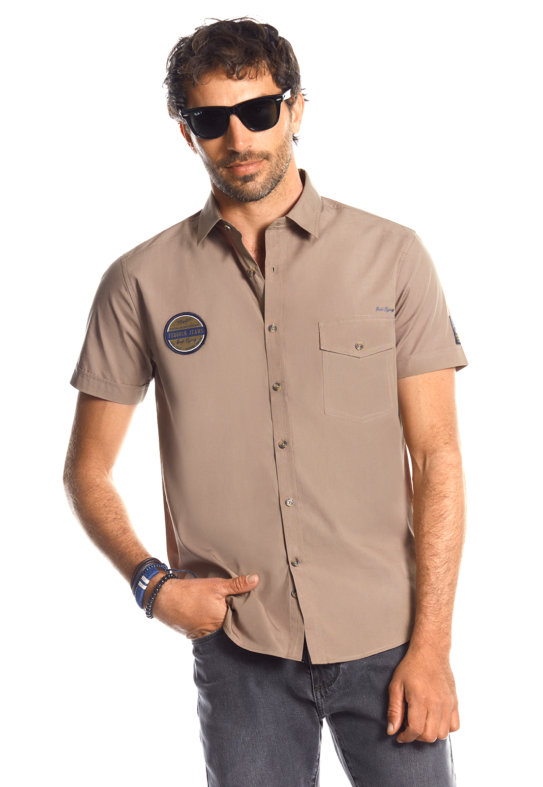 CAMISA MANGA CORTA POPLIN CON PARCHES FJ MILITARY - 1