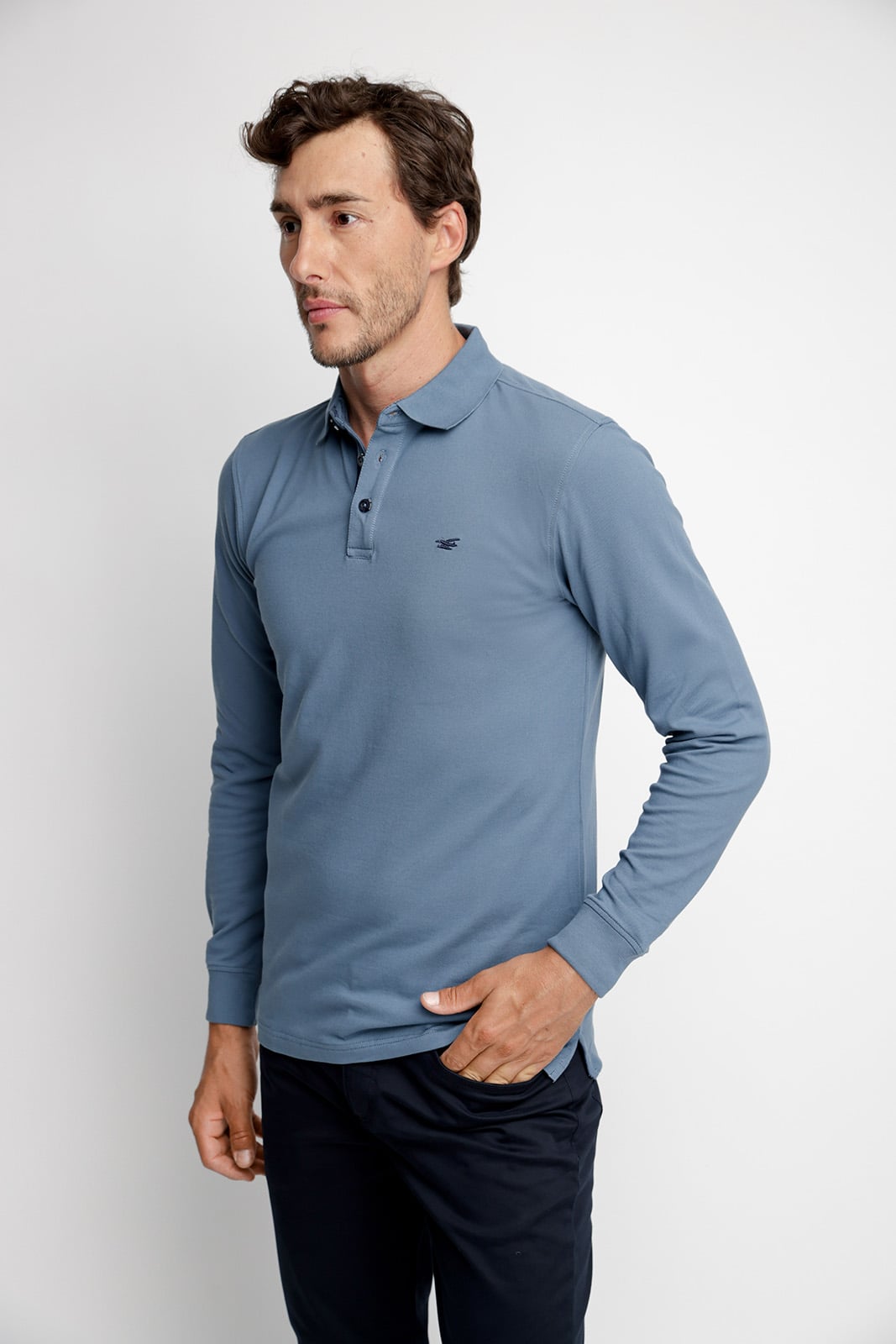 POLERA POLO BÁSICA MANGA LARGA STONE BLUE - 1