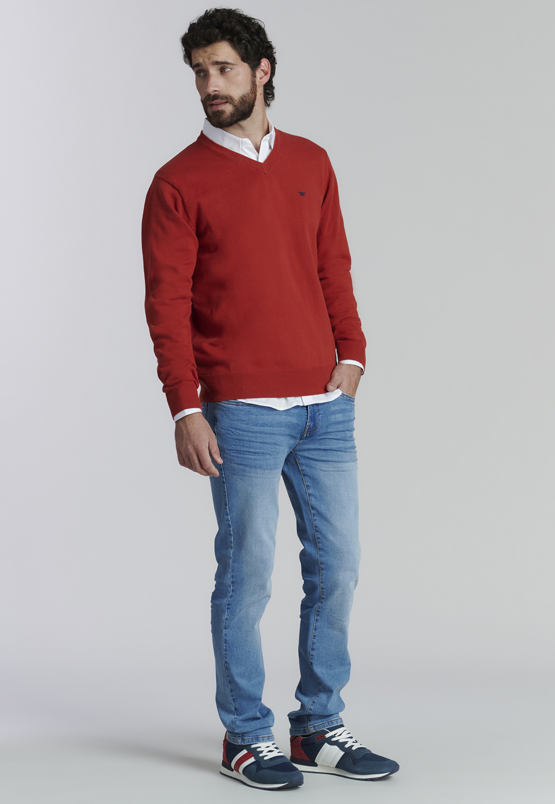 SWEATER ALGODÓN HOMBRE FEROUCH ROJO V NECK SOLIDO F SMART CASUAL BRICK - 2