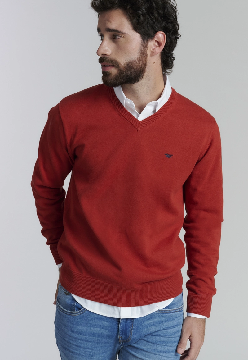 SWEATER ALGODÓN HOMBRE FEROUCH ROJO V NECK SOLIDO F SMART CASUAL BRICK - 5