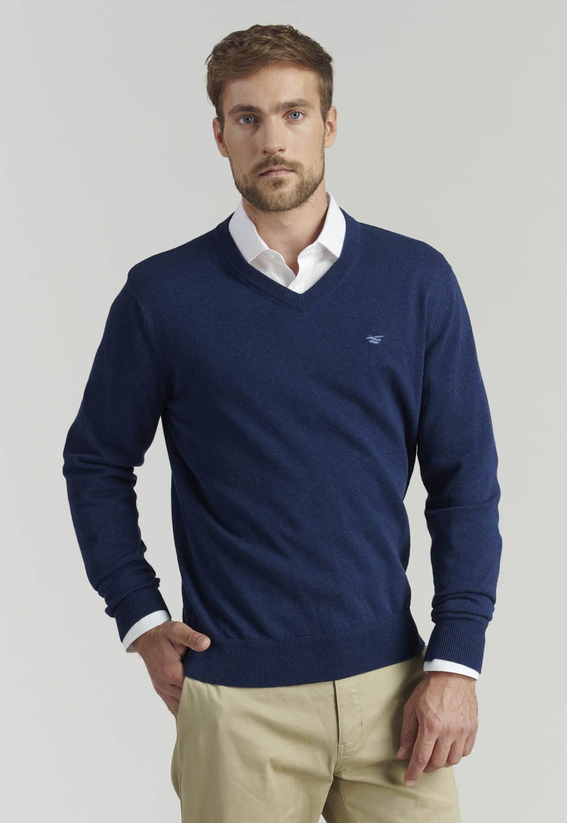 SWEATER ALGODÓN HOMBRE FEROUCH AZUL V NECK MELANGE F SMART CASUAL INDIGO - 1