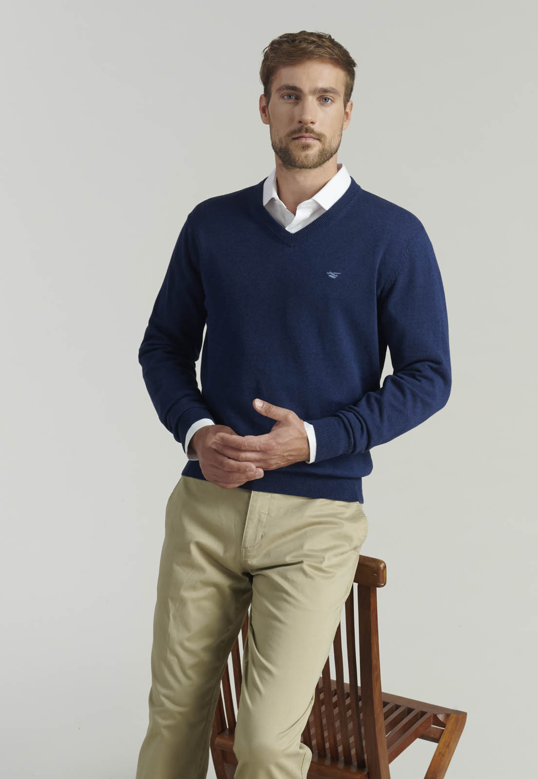 SWEATER ALGODÓN HOMBRE FEROUCH AZUL V NECK MELANGE F SMART CASUAL INDIGO - 5