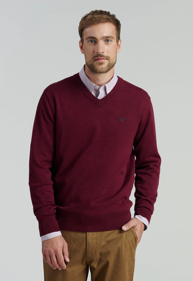 SWEATER ALGODÓN HOMBRE FEROUCH ROJO V NECK MELANGE F SMART CASUAL DK BURGUNDY - 1