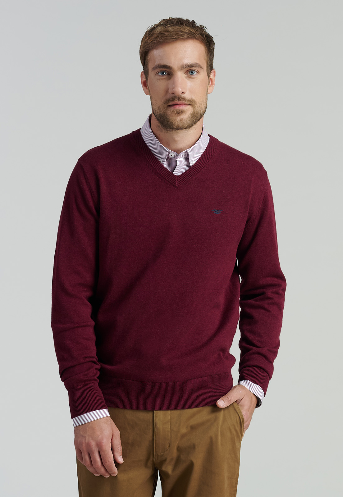 SWEATER ALGODÓN HOMBRE FEROUCH ROJO V NECK MELANGE F SMART CASUAL DK BURGUNDY - 1