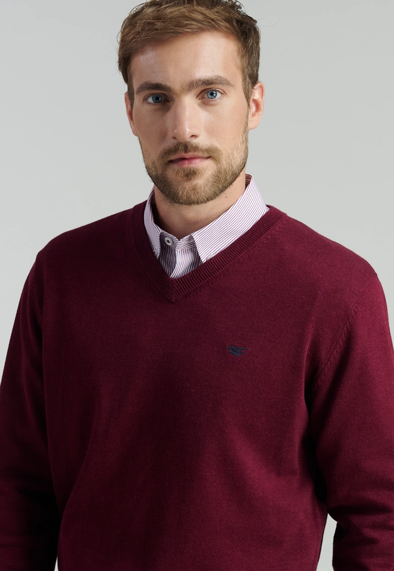 SWEATER ALGODÓN HOMBRE FEROUCH ROJO V NECK MELANGE F SMART CASUAL DK BURGUNDY - 3