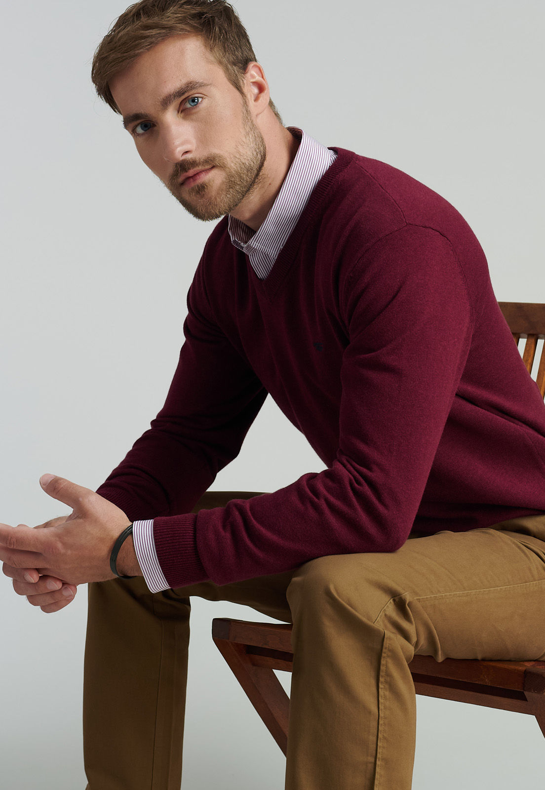 SWEATER ALGODÓN HOMBRE FEROUCH ROJO V NECK MELANGE F SMART CASUAL DK BURGUNDY - 5