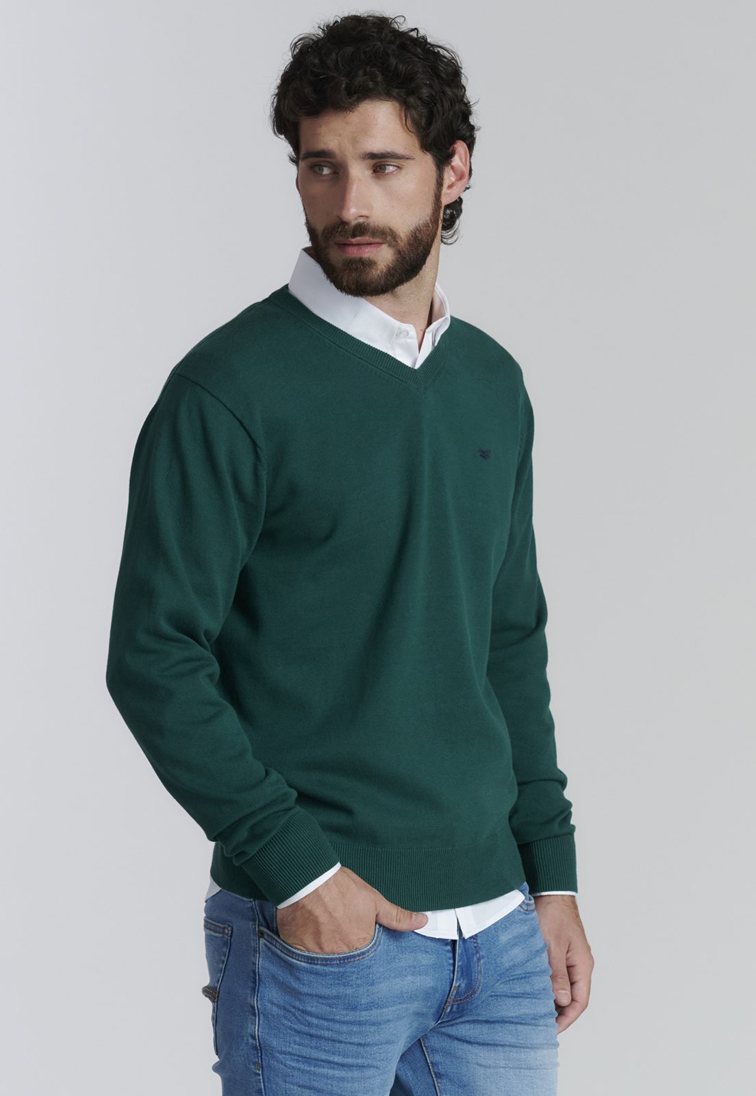 SWEATER ALGODÓN HOMBRE FEROUCH CAFÉ V NECK SOLIDO F SMART CASUAL FOREST - 1