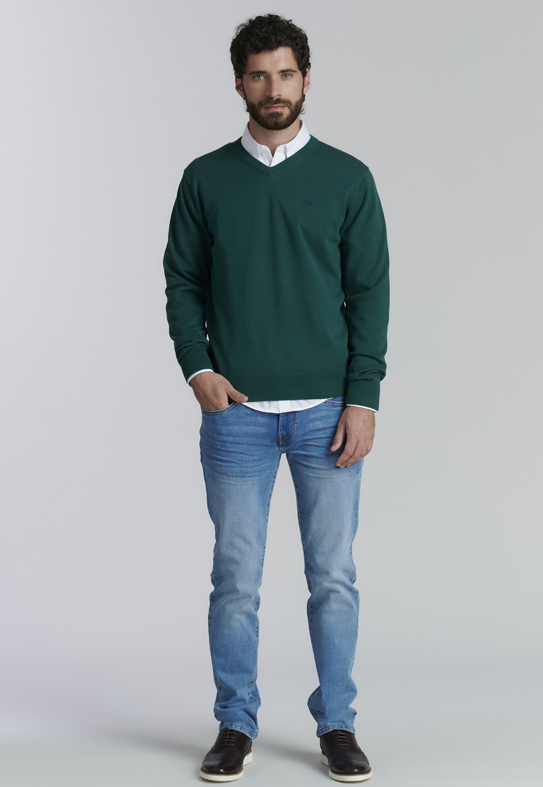 SWEATER ALGODÓN HOMBRE FEROUCH CAFÉ V NECK SOLIDO F SMART CASUAL FOREST - 2
