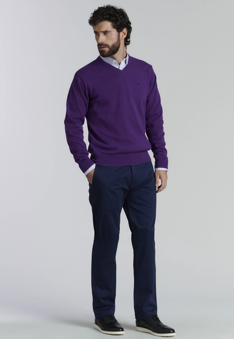 SWEATER ALGODÓN HOMBRE FEROUCH MORADO V NECK SOLIDO F SMART CASUAL DK VIOLET - 2