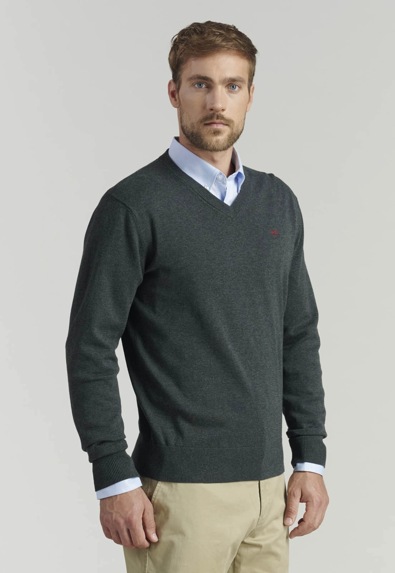 SWEATER ALGODÓN HOMBRE FEROUCH GRIS V NECK MELANGE F SMART CASUAL GRAPHITE - 1