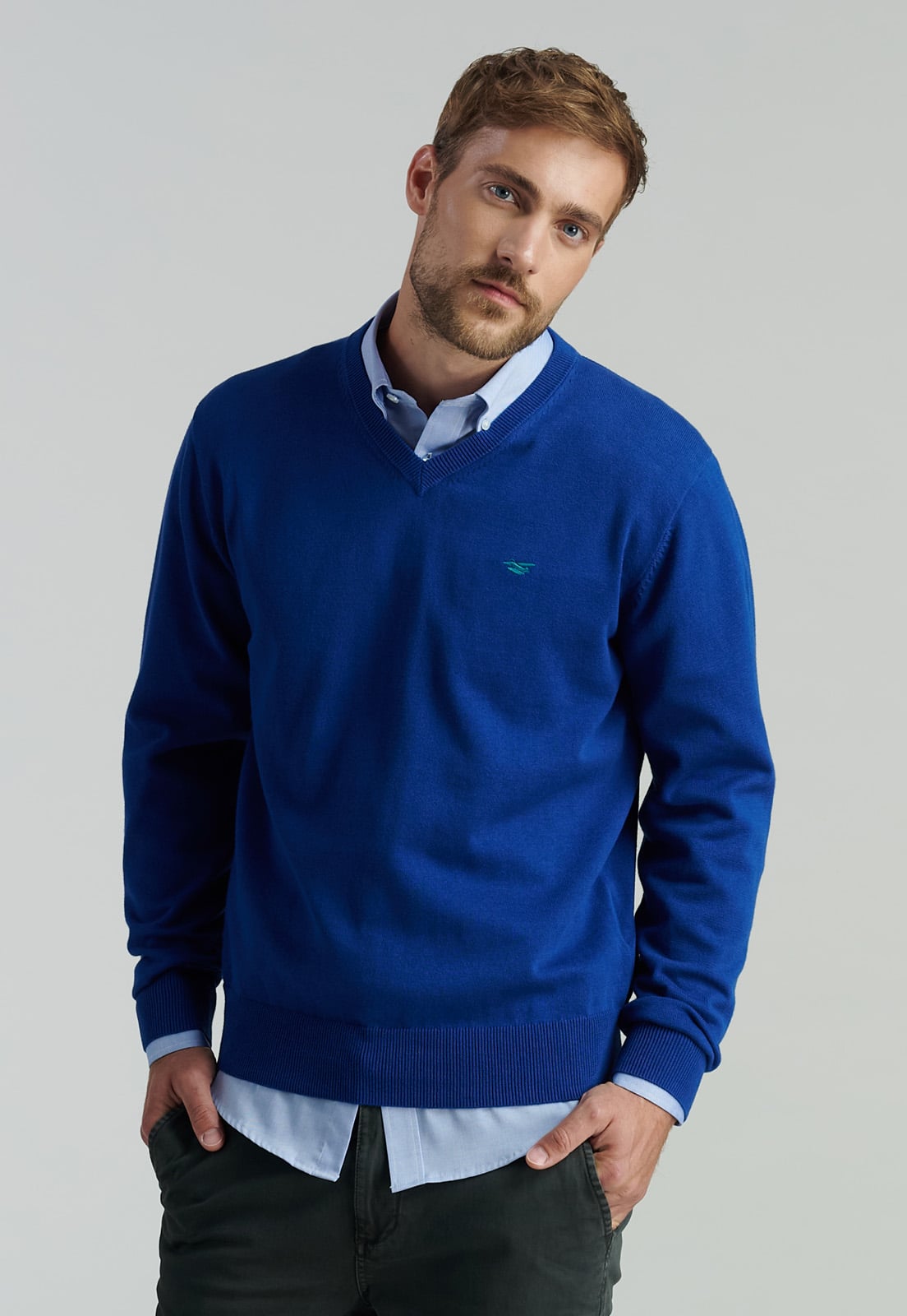 SWEATER ALGODÓN HOMBRE FEROUCH AZUL V NECK SOLIDO F SMART CASUAL DK.BLUE - 1