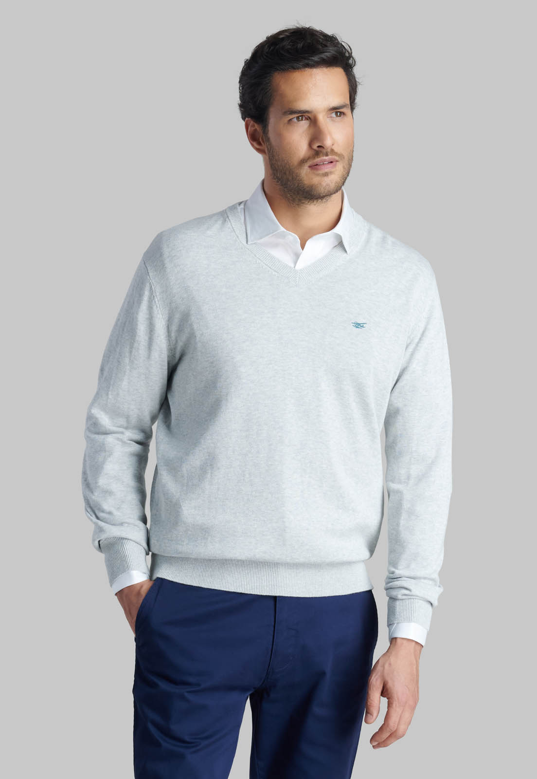 SWEATER V NECK MELANGE LT GREY - 1
