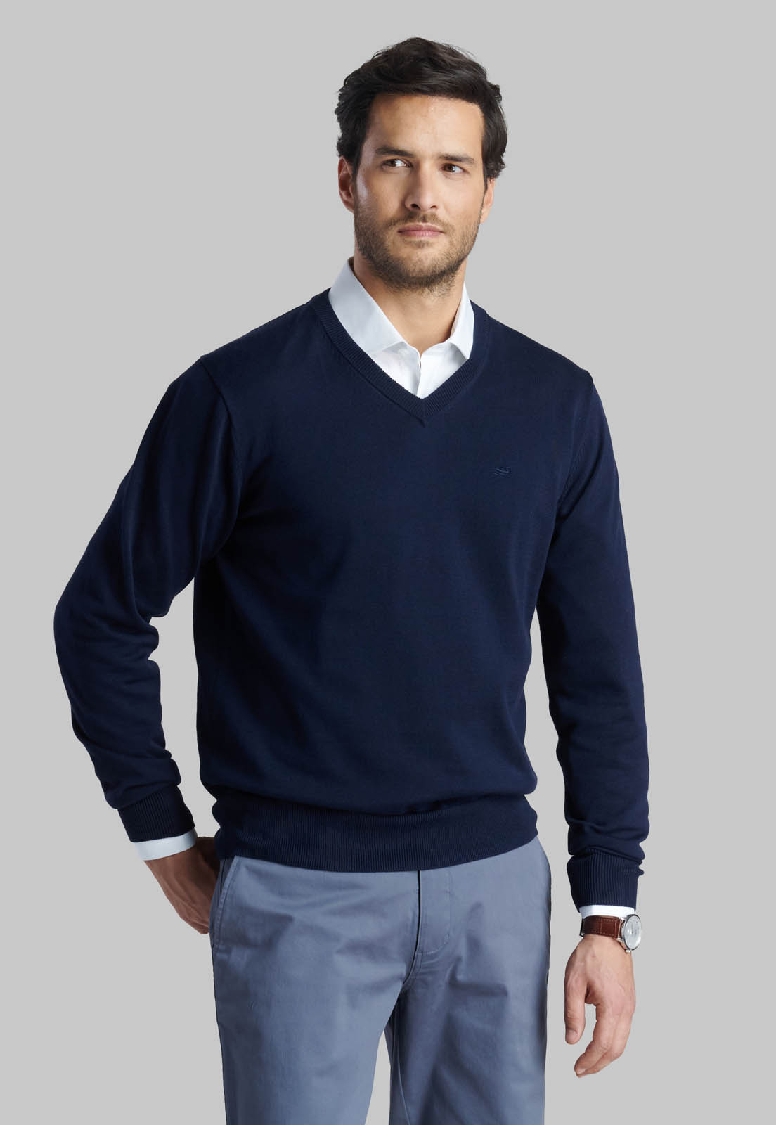 SWEATER V NECK SOLIDO NAVY - 1